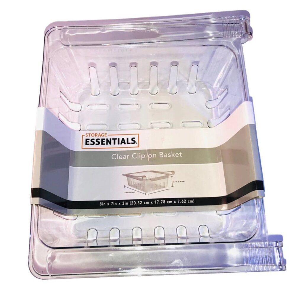 2 Pack Essentials Clear Clip On Basket 8” x 7” x 3” Organizer.